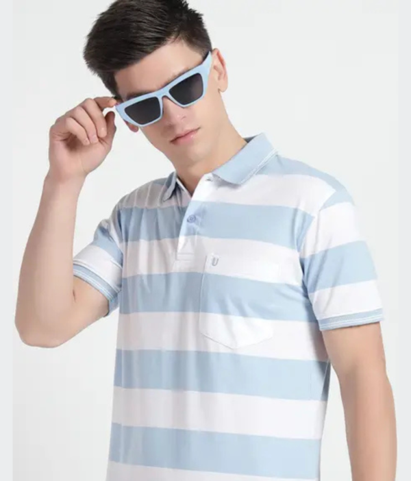 UNNIBERRY Men Striped Polo Neck Cotton Blend Light Blue T-Shirt