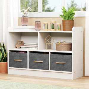 Lukzer 2-Layer White Bookshelf with Fabric Drawers, Wood Storage