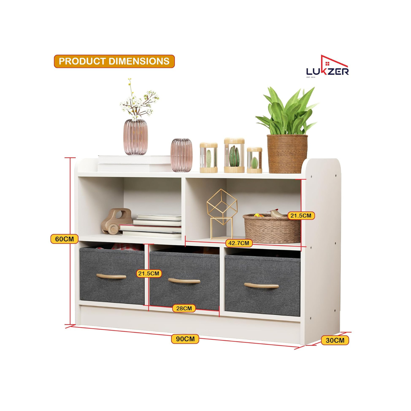 Lukzer 2-Layer White Bookshelf with Fabric Drawers, Wood Storage