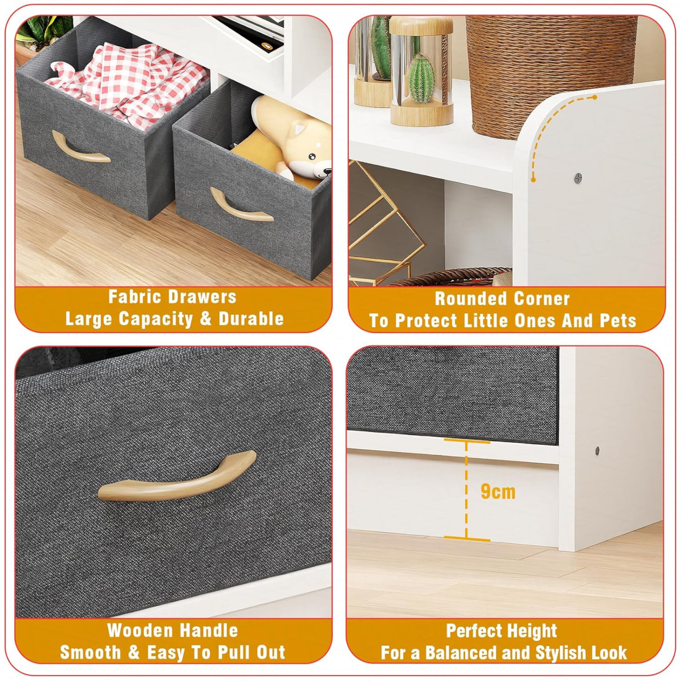 Lukzer 2-Layer White Bookshelf with Fabric Drawers, Wood Storage