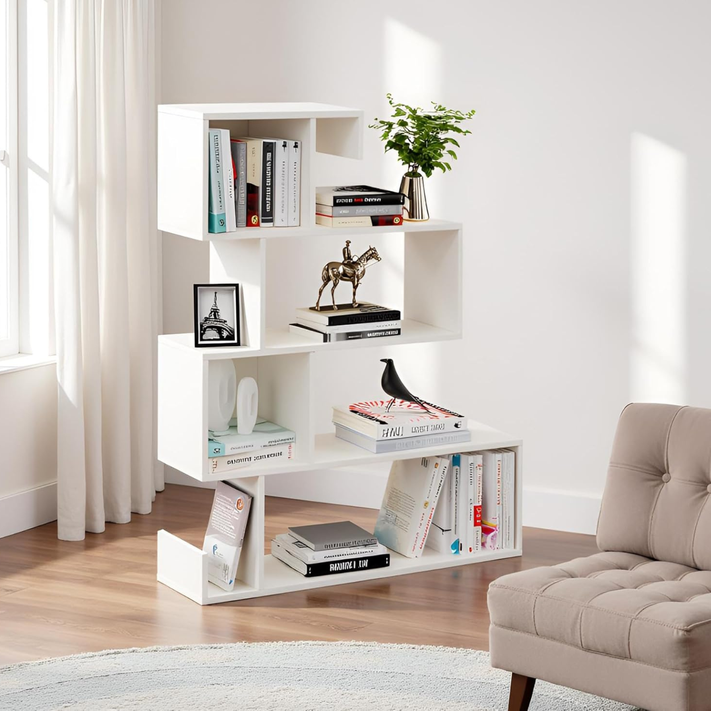 FURNEASER Allesia Modern Zig-Zag Wooden Bookshelf Wood Display