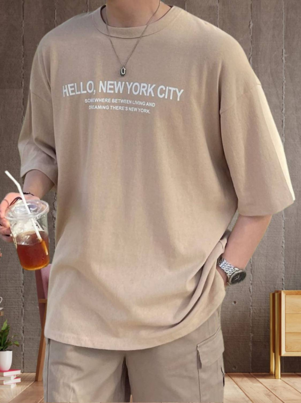 Men Printed Round Neck Cotton Blend Beige T-Shirt