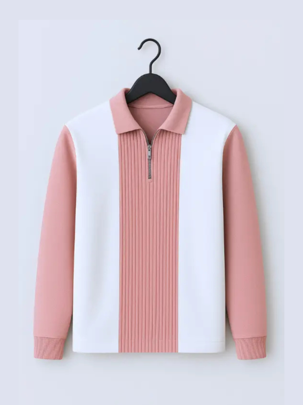 Men Colorblock Zip Neck Cotton Blend Pink, White T-Shirt